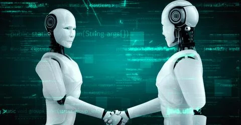 Futuristic robot artificial intelligence huminoid AI programming coding Stock-Illustration