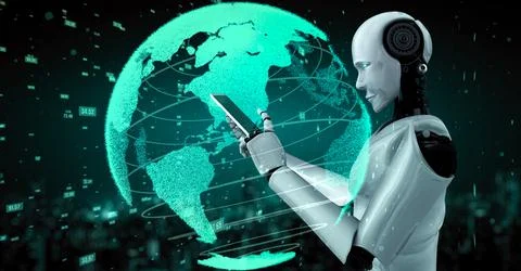 Futuristic robot artificial intelligence huminoid AI data analytic technology Stock Illustration