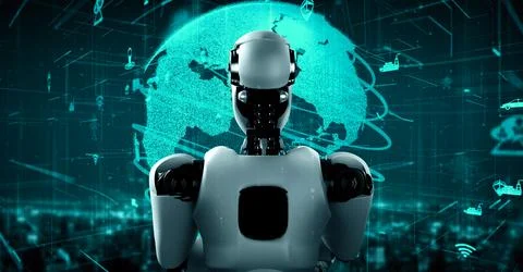 Futuristic robot artificial intelligence huminoid AI transportation analytic Stock Illustration