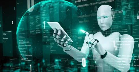 Futuristic robot artificial intelligence huminoid AI programming coding Stock Illustration