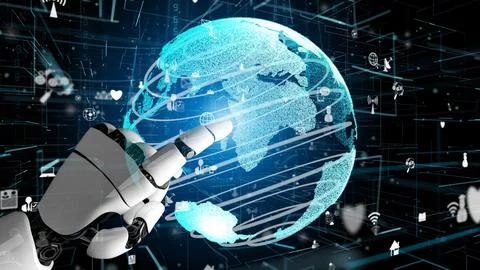 Futuristic robot artificial intelligence revolutionary AI technology concept Illustrazione stock