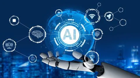 Futuristic robot artificial intelligence revolutionary AI technology concept Illustrazione stock