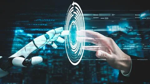 Futuristic robot artificial intelligence revolutionary AI technology concept Illustrazione stock
