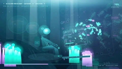 Futuristic Robot in Bioluminescent Cavern with Holographic Data Decryption Stock Footage 341455692