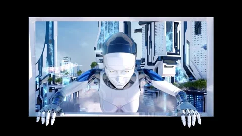 Futuristic Robot Breaking Through Screen 3D Naked-Eye Effect City Background Stock Footage 331846074