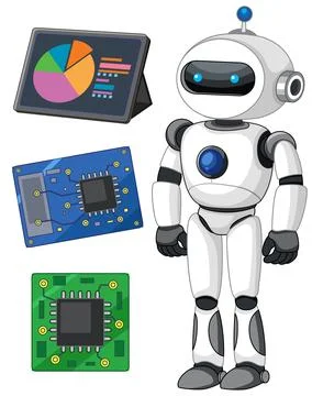 Futuristic Robot Character with Data Tablet and Circuit Board Components Stock Illustration