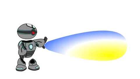 Futuristic robot character shooting blue-yellow energy beam from hand Stock Illustration