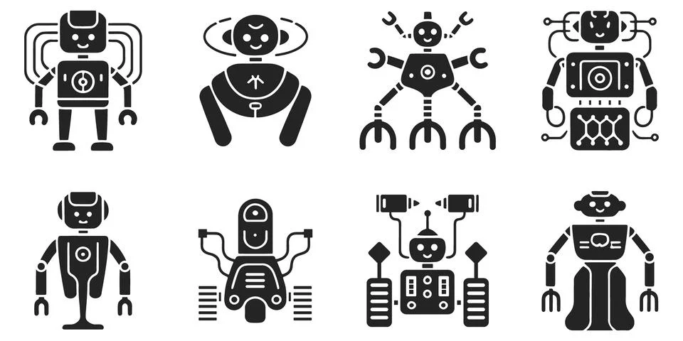 Futuristic Robot Character Vector Icon Set Stock Illustration