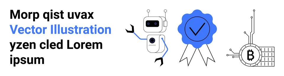 Futuristic Robot, Checkmark Badge, Cryptocurrency Symbol イラスト素材