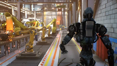 A futuristic robot checks an automatic production line in a car factory Stock Footage 141531406