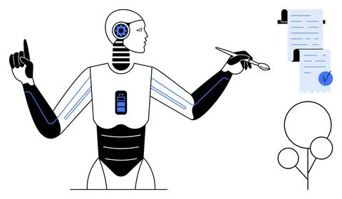 Futuristic Robot Conducting Tasks With Digital Documents and Connected Networ Stock Illustration