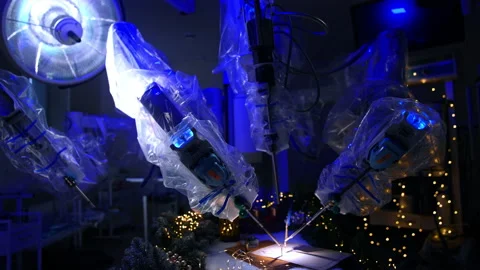 Futuristic robot covered with plastic in dark modern surgery room. Stock Footage 221108696