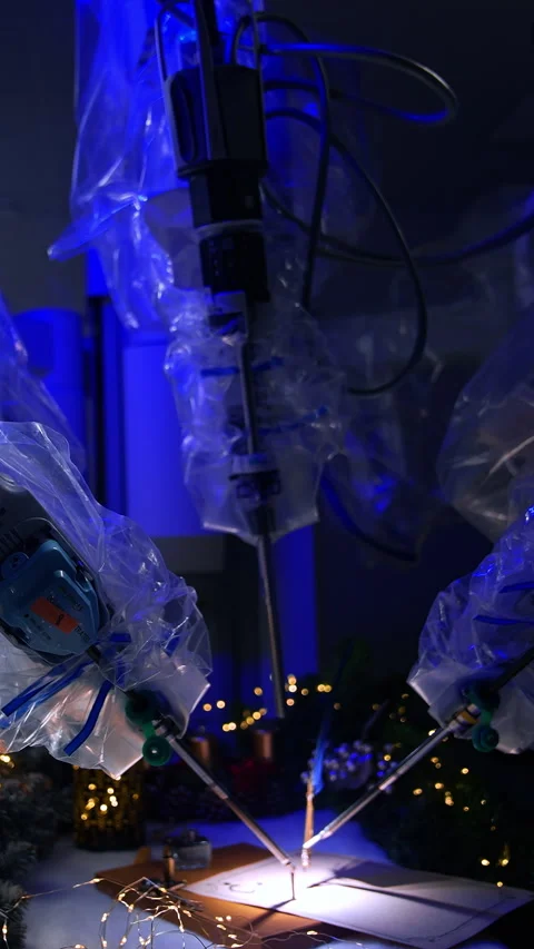 Futuristic robot covered with plastic in dark modern surgery room.  Stock Footage 286307582