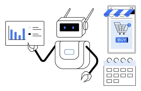 Futuristic Robot with Data Chart and Online Shopping Interface Stock Illustration