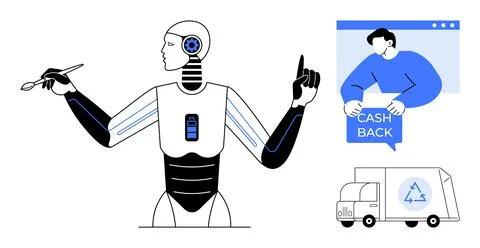 Futuristic Robot Design with E-commerce and Eco-friendly Elements Illustrazione stock