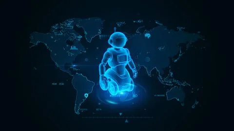 Futuristic Robot on Digital World Map with Technology Interface Stock Illustration