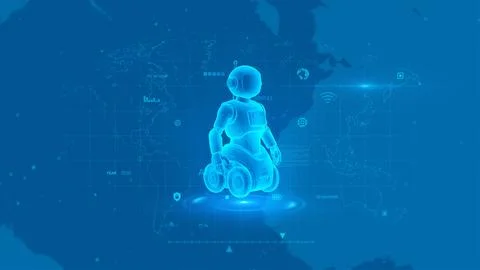 Futuristic Robot on Digital World Map with Blue Technological Background Stock Illustration