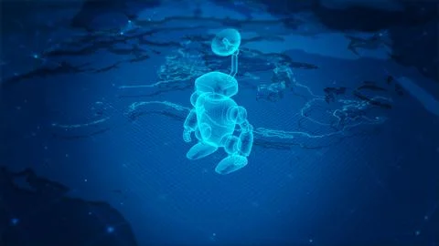 Futuristic Robot on Digital World Map in Blue Sci-Fi Network Background Stock Illustration