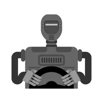 Futuristic robot driver behind the wheel, symbolizing autonomous vehicles, .. Stock Illustration