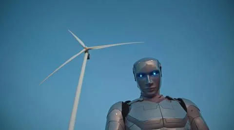 Futuristic robot engineer on windmill farm checking the process looking at ca Stock Photos