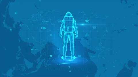 Futuristic Robot Explorer with Holographic World Map Display Stock Footage 342233029
