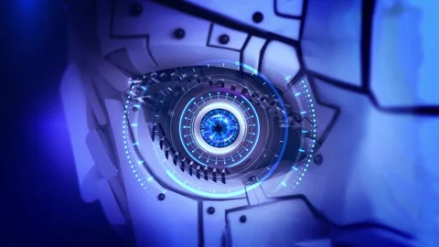 Futuristic robot eye with advanced visual interface digital hologram biometric Stock Footage 333968639