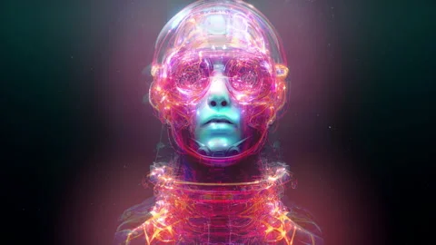Futuristic Robot Face With Translucent Clothing Flares Overlayed Video stock 219830170