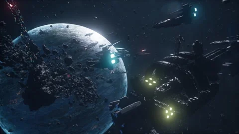 Futuristic Robot Fleet Attacking Mining Colony in Space Stock Footage 308861342