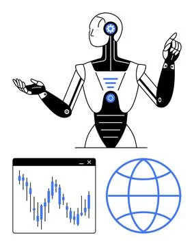 Futuristic robot gesturing, accompanied by a financial data chart and a globe Illustrazione stock