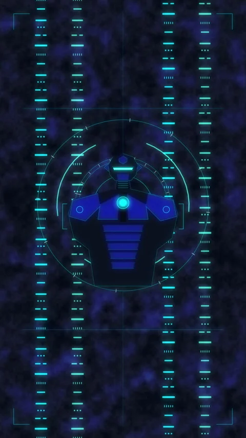 Futuristic robot with glowing energy core and digital matrix lines scanning.. Stock Footage 348339023
