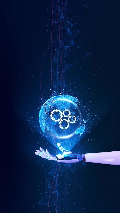 Futuristic robot hand holding glowing digital globe with connection lines. Repre Video stock 341907302