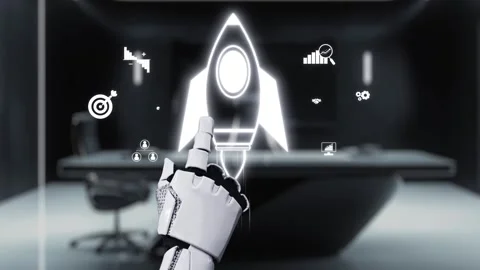 Futuristic robot hand navigates digital interface with holographic rocket Stock Footage 310332120