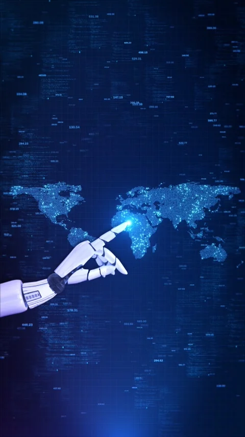 Futuristic Robot Hand Pointing Digital Glowing World Map filled fast data stream Stock Footage 342782072