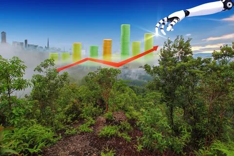 Futuristic robot hand pointing at growing graph on the city background Stock Photos