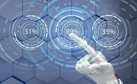 Futuristic robot hand pointing on loading circle ring. 3d rendering. Stock Illustration