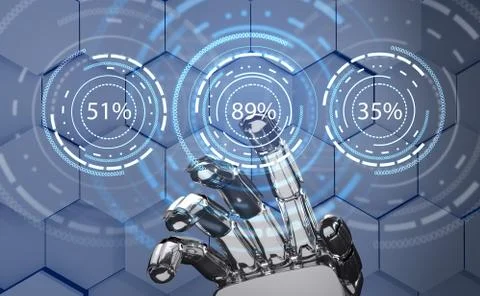 Futuristic robot hand pointing on loading circle ring. 3d rendering. Stock Illustration