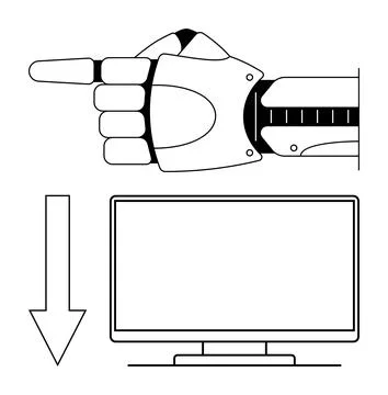 Futuristic Robot Hand Pointing Toward Computer Monitor with Downward Arrow イラスト素材