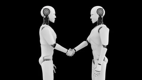 Futuristic robot handshake , artificial intelligence CGI on black background Illustrazione stock