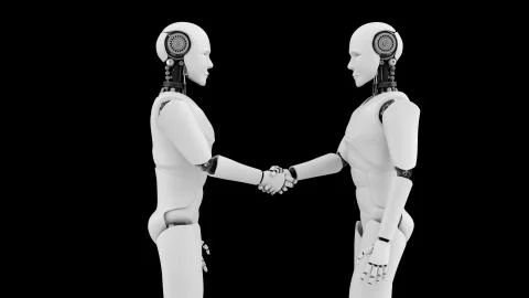 Futuristic robot handshake , artificial intelligence CGI on black background Illustrazione stock