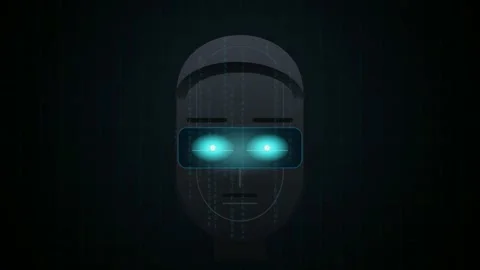 Futuristic Robot Head with Glowing Blue Eyes and Digital Data Stream Overlay on Stock Footage 345751710