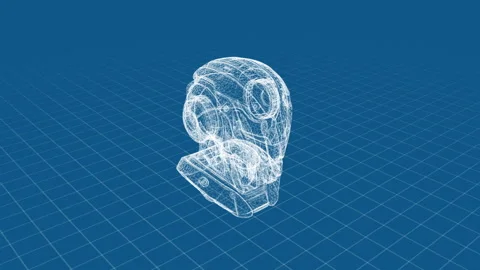 Futuristic Robot Head Wireframe with Blue Grid Background in 3D Rendering Video stock 334500710