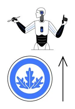 Futuristic robot holding a tool and presenting an idea above a blue oak lea.. Illustrazione stock