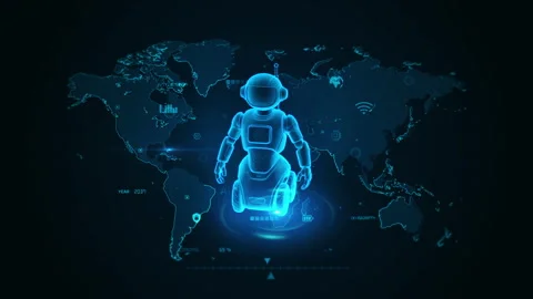 Futuristic Robot Illustration on Digital World Map Background in Neon Blue .. Stock Footage 342203566