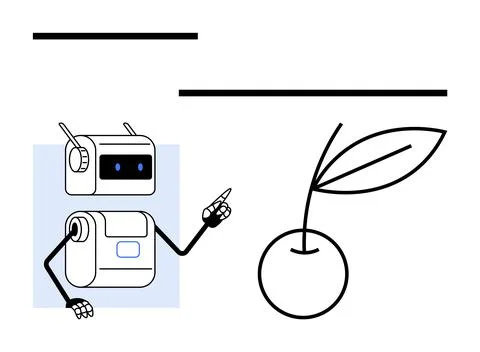 Futuristic Robot Interacting with Cherry with Leaf, Highlighting Technology.. Stock Illustration