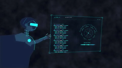 Futuristic robot interacting with digital data HUD interface, AI technology.. Stock Footage 348338800