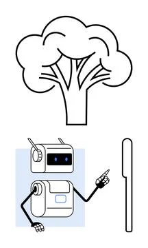 Futuristic Robot Interacting with Interface Beneath Simplistic Tree Symbol Stock Illustration