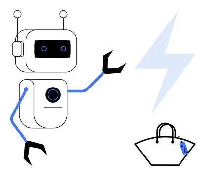 Futuristic Robot Interacting with Smart Shopping Bag and Lightning Symbol Illustrazione stock