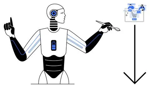 Futuristic robot interacts with digital shopping interface using a stylus, hi 스톡 일러스트
