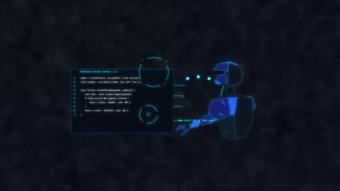 Futuristic robot interface, digital hologram, tech data analysis Stock Footage 348338862