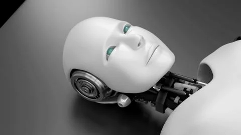 Futuristic robot lying on bed , artificial intelligence CGI on black background Stock Illustration